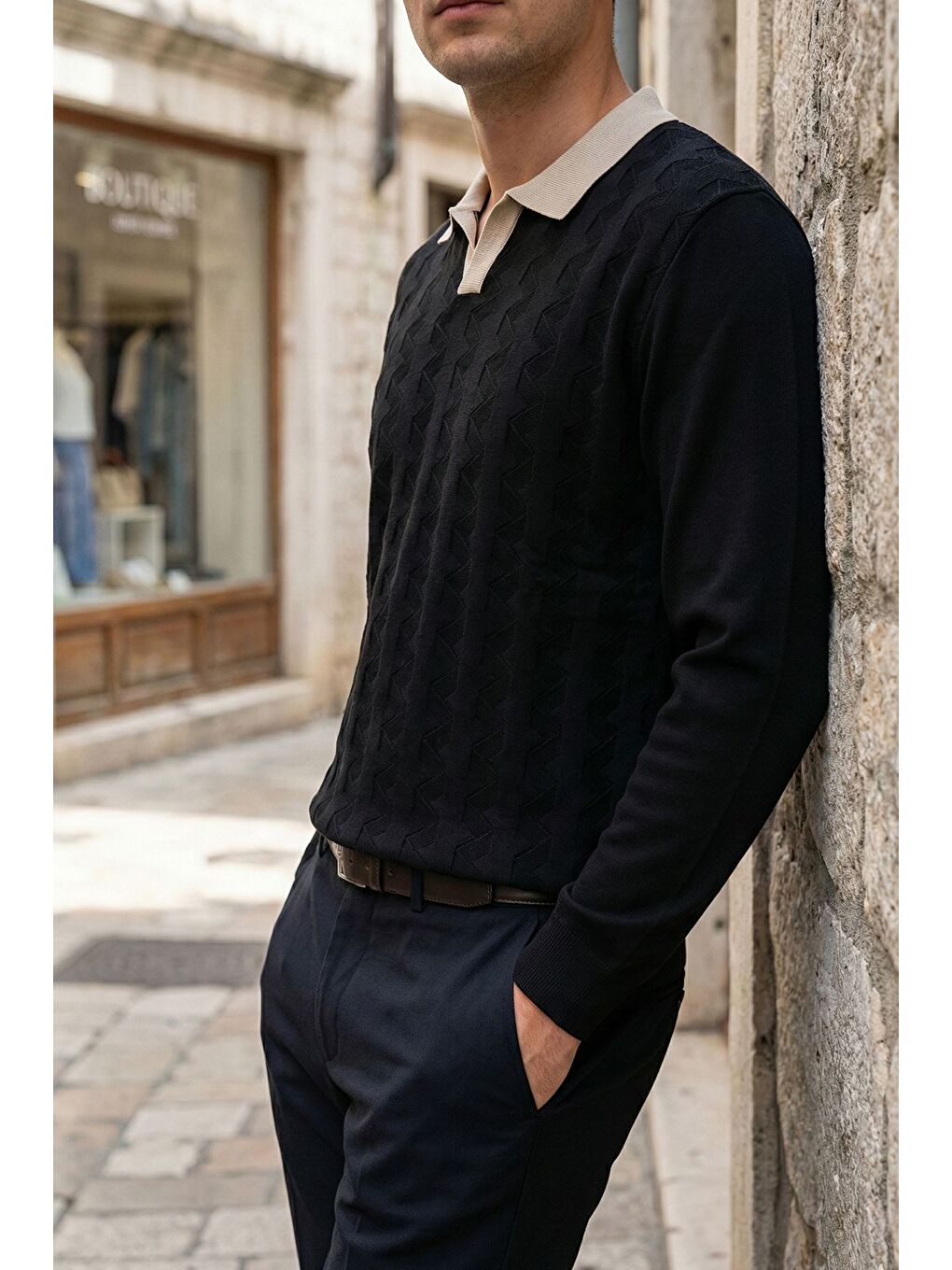 Siyah Kendinden Desenli Polo Yaka Erkek Triko Kazak-1