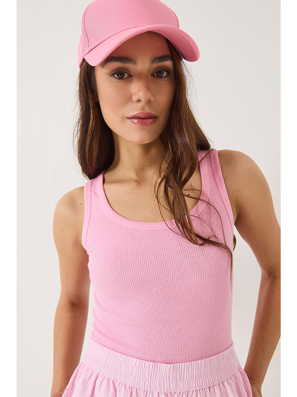 Pembe Kadın Fitilli Görünümlü Kalın Askılı Kaşkorse Basic Atlet-2