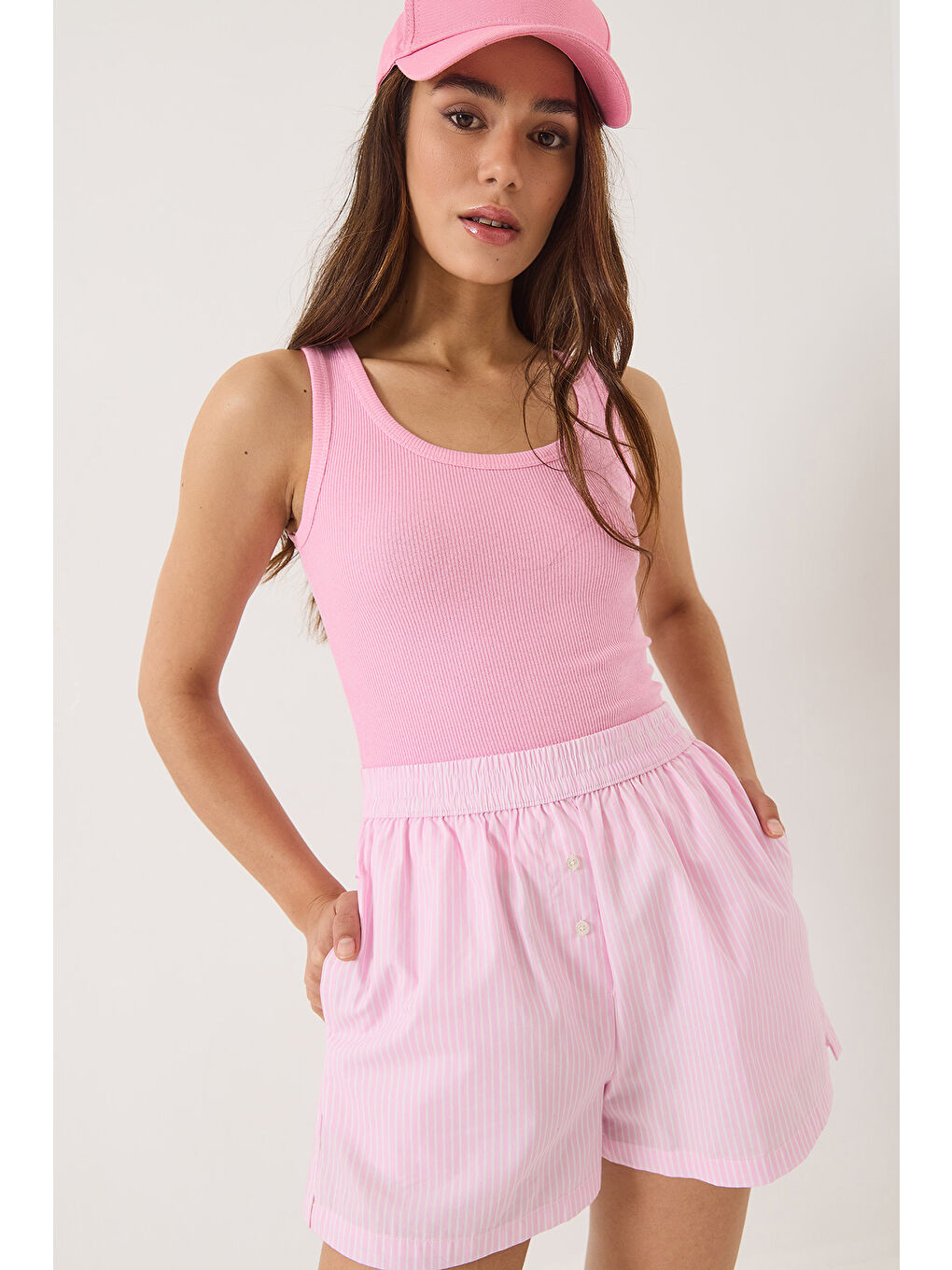 Pembe Kadın Fitilli Görünümlü Kalın Askılı Kaşkorse Basic Atlet-3