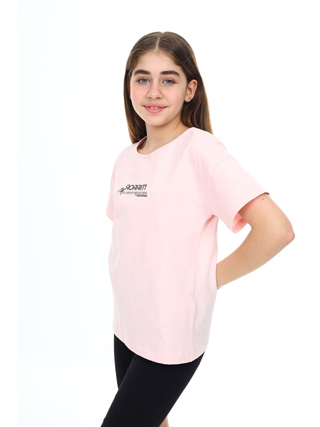 Pembe Kız Çocuk Baskılı Bisiklet Yaka Kısa Kollu Tişört-2