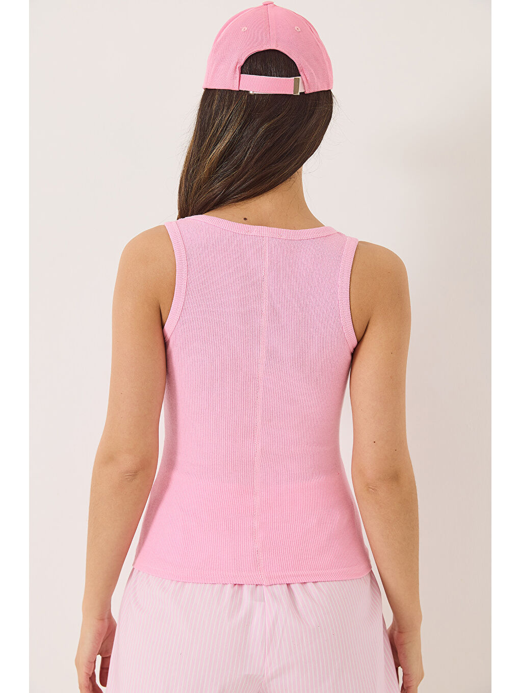 Pembe Kadın Fitilli Görünümlü Kalın Askılı Kaşkorse Basic Atlet-6