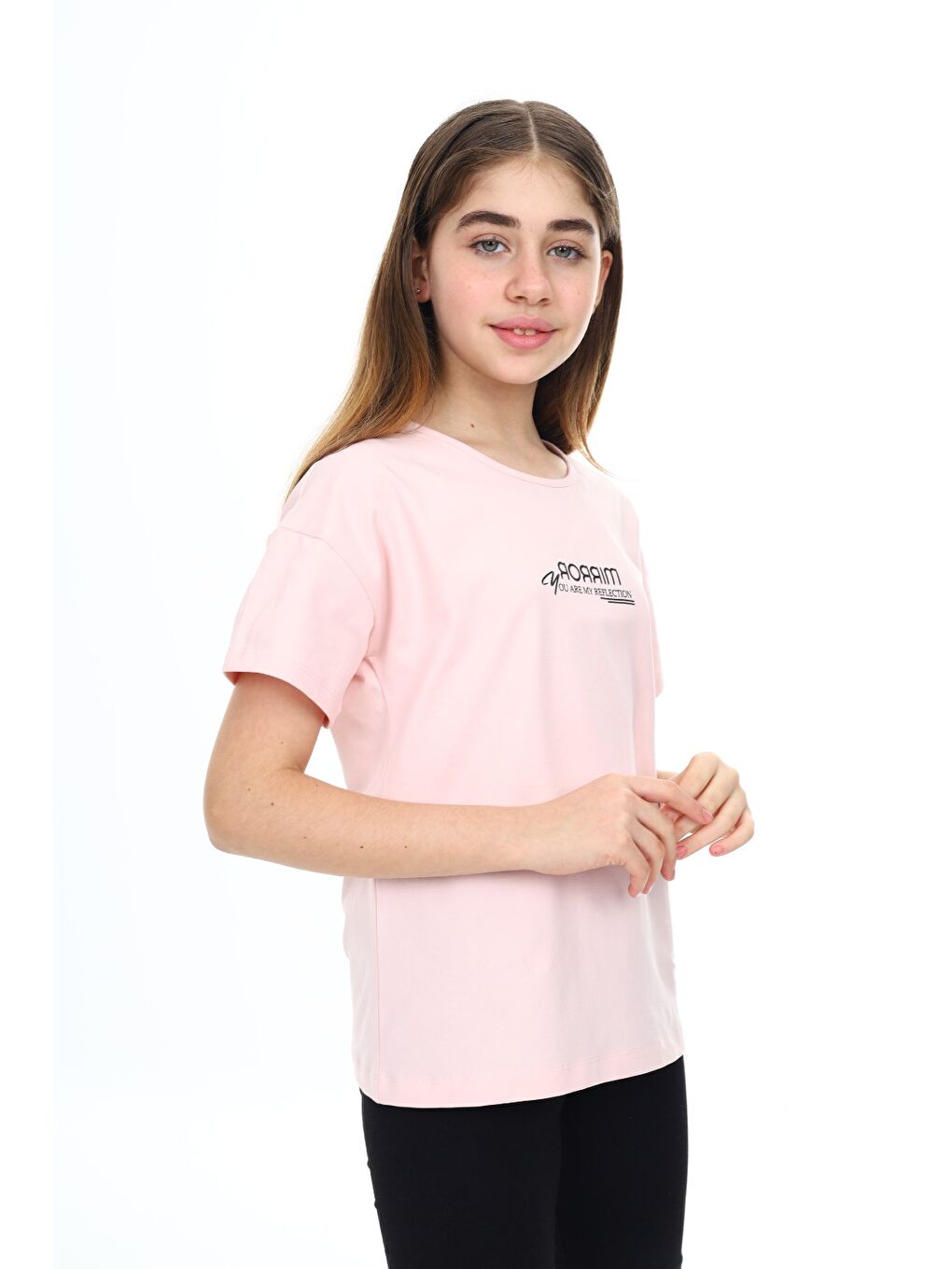 Pembe Kız Çocuk Baskılı Bisiklet Yaka Kısa Kollu Tişört-3