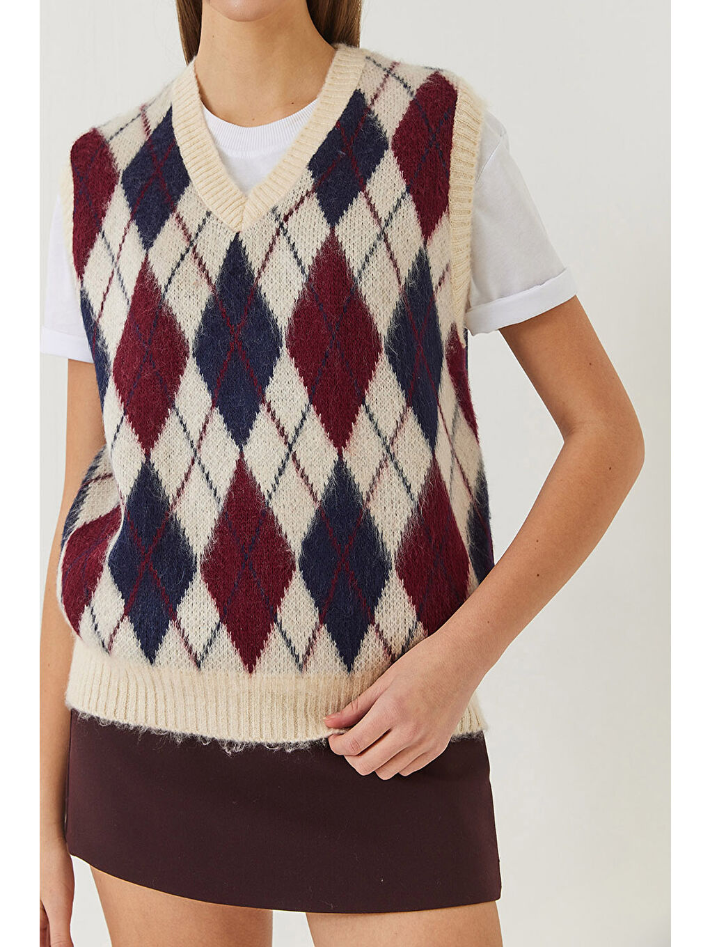 Ekru Kadın Şardonlu Baklava Desenli Triko Süveter-1