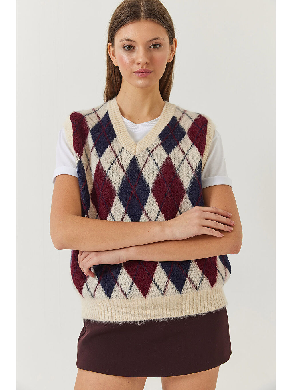 Ekru Kadın Şardonlu Baklava Desenli Triko Süveter-2