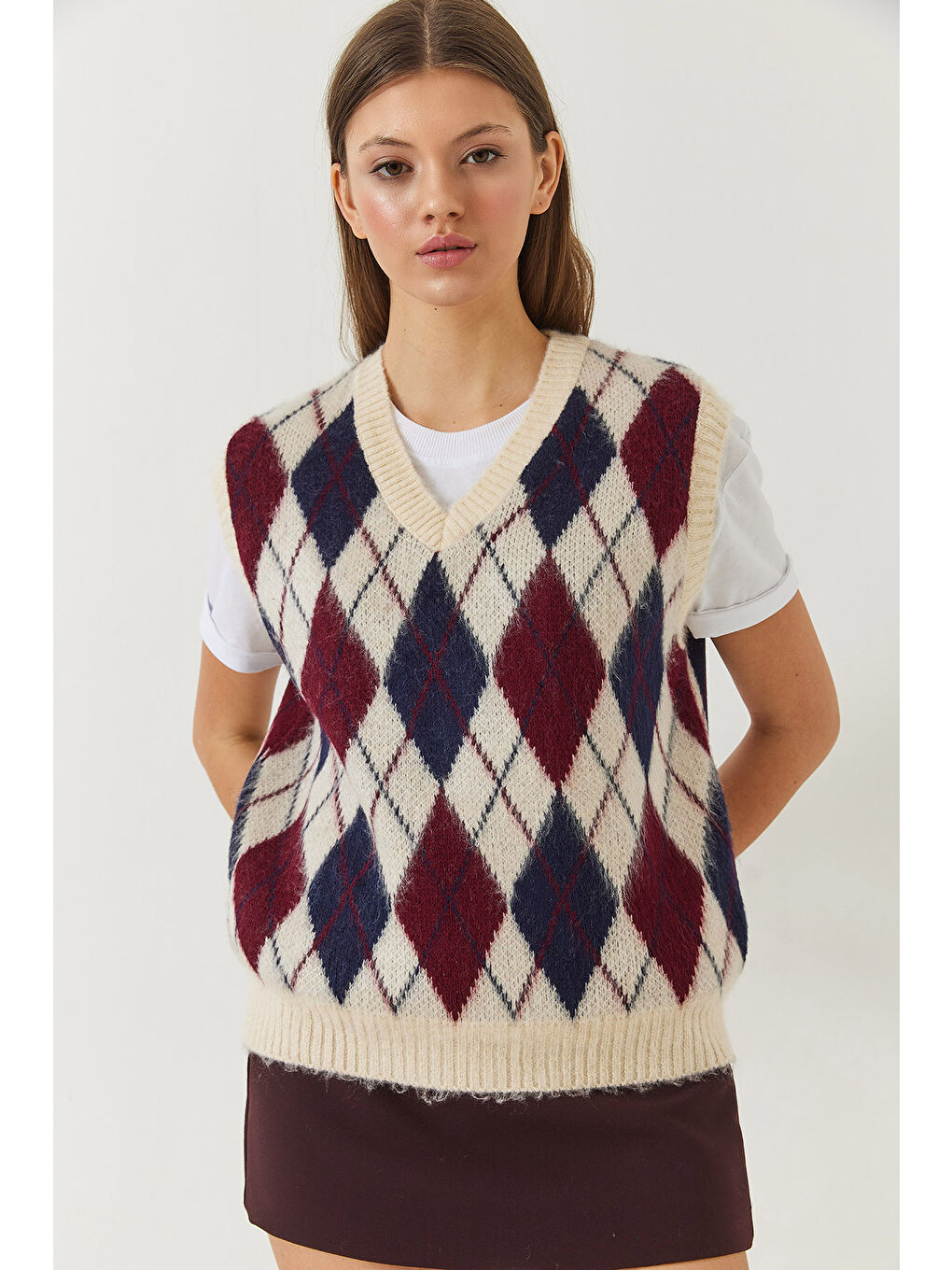 Ekru Kadın Şardonlu Baklava Desenli Triko Süveter-3