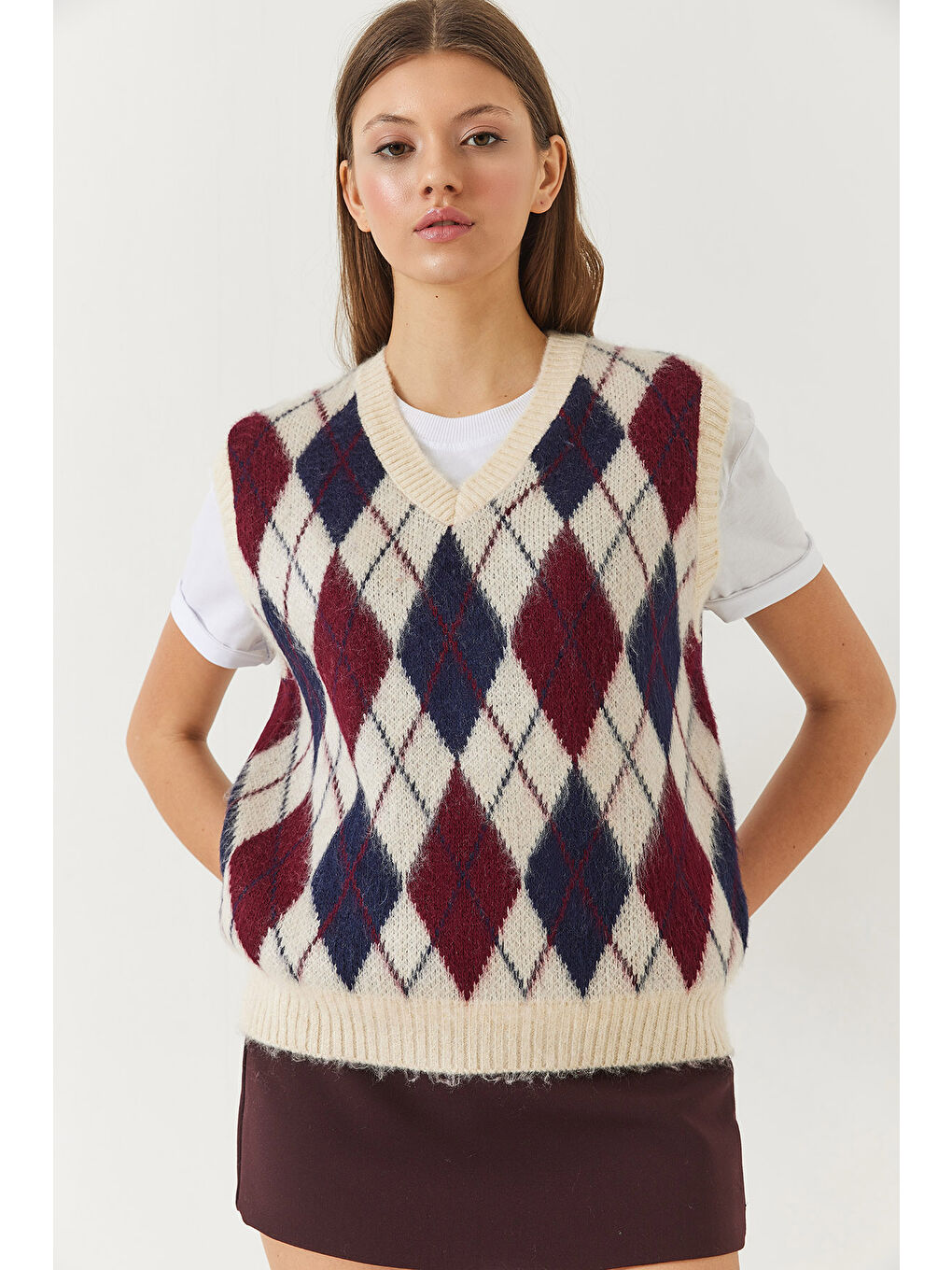 Ekru Kadın Şardonlu Baklava Desenli Triko Süveter-4