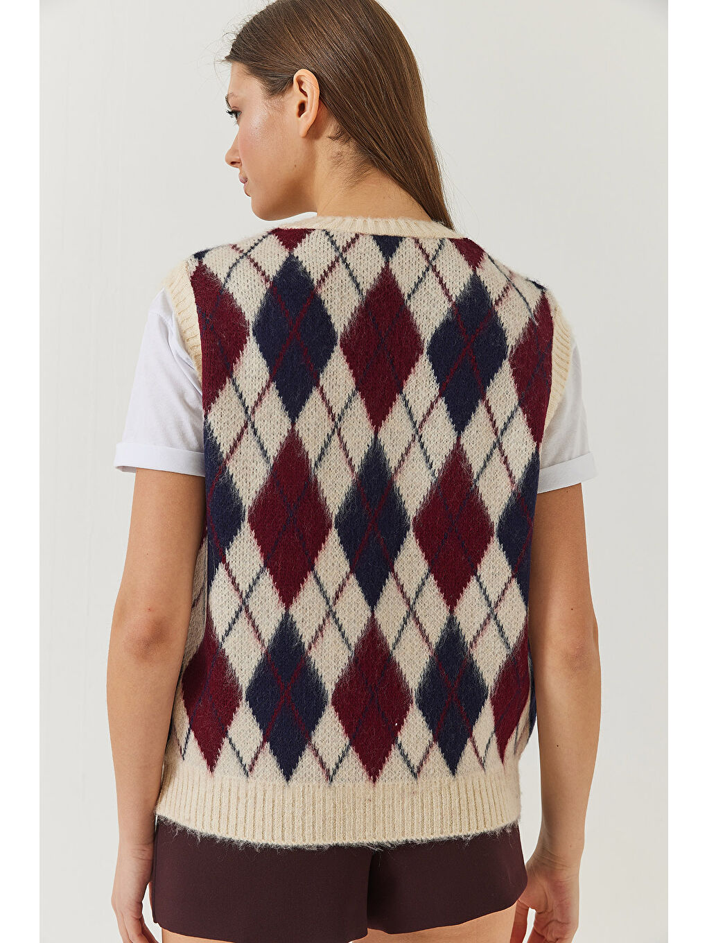 Ekru Kadın Şardonlu Baklava Desenli Triko Süveter-5