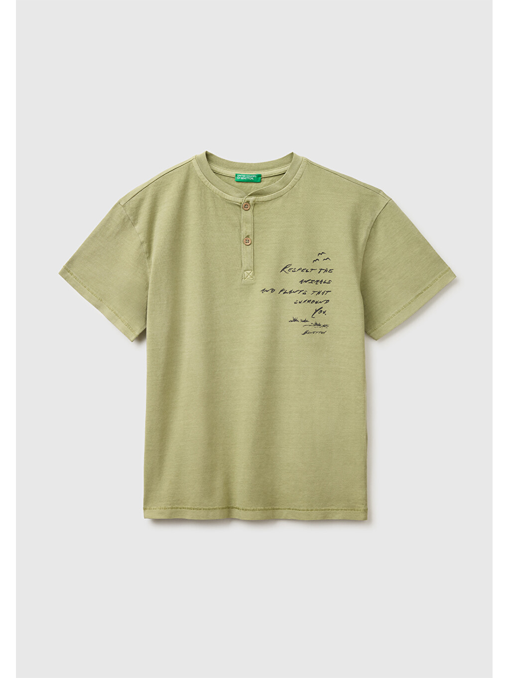 Erkek Çocuk Haki İşleme Detaylı Yuvarlak Yaka T-shirt