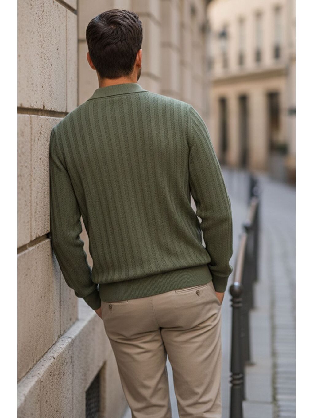 Haki Polo Yaka Desenli Erkek Triko Kazak-1