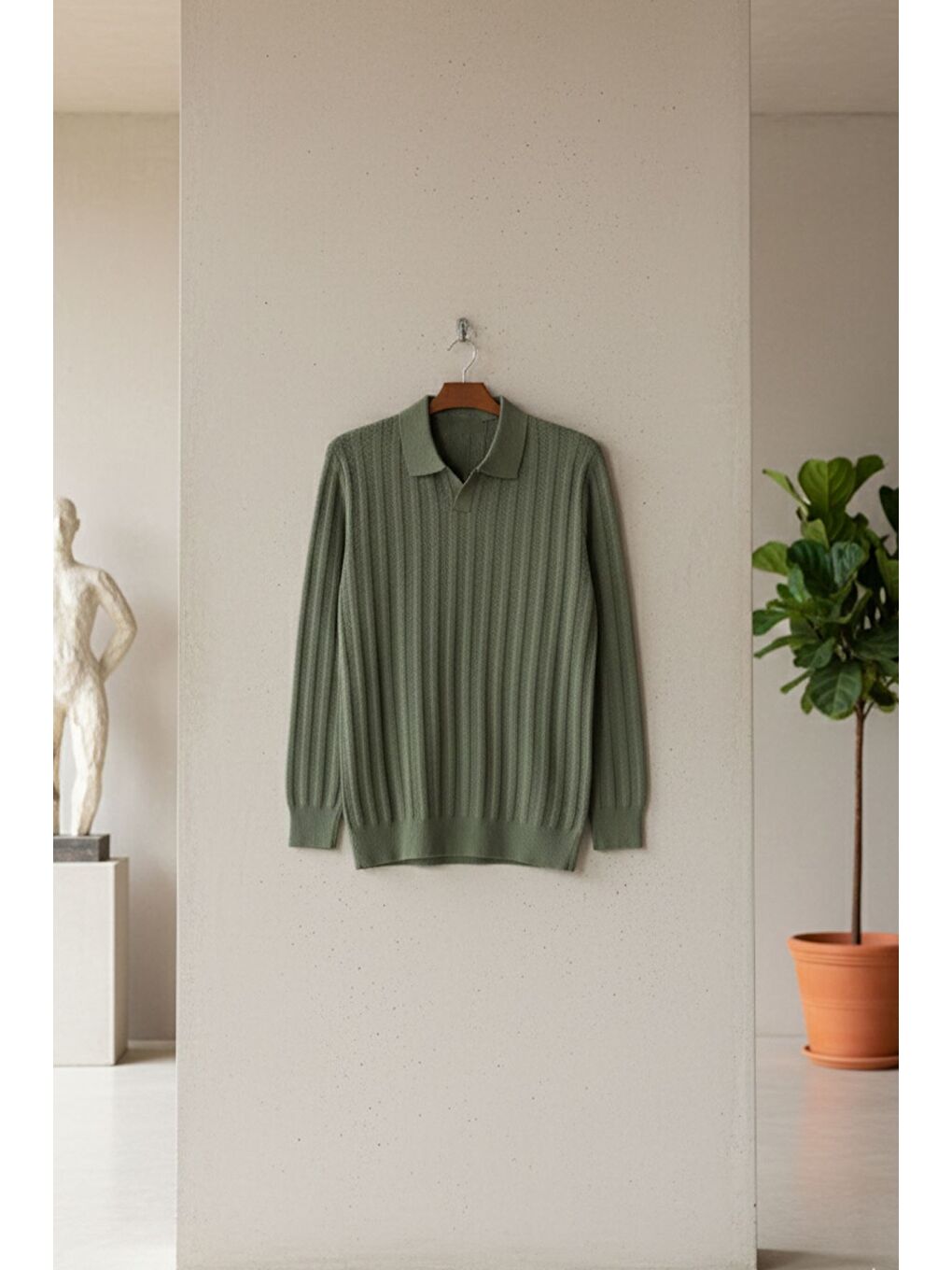 Haki Polo Yaka Desenli Erkek Triko Kazak-2