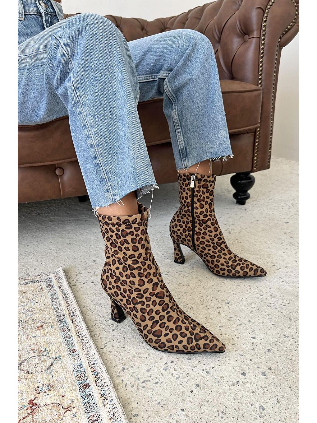 Kahverengi Poppin Kadın Pino Ökçe  Kumaş Bot Leopar-1