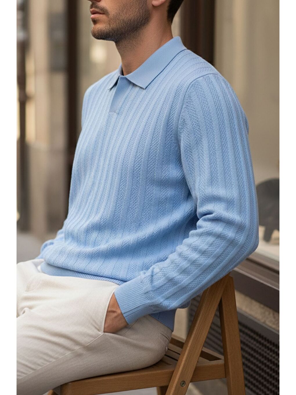 Mavi Polo Yaka Desenli Erkek Triko Kazak