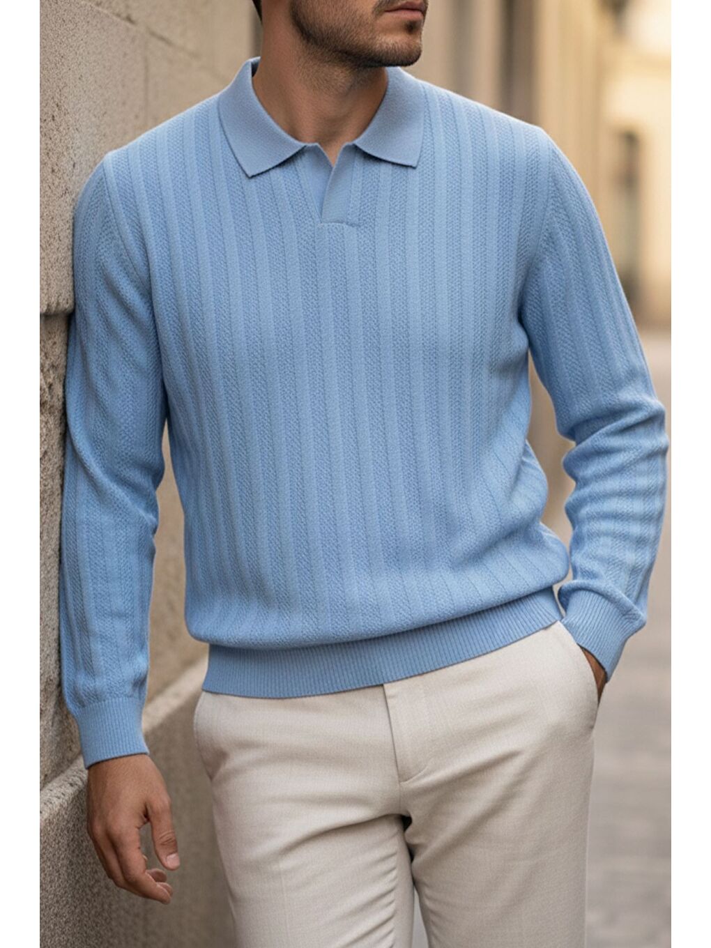 Mavi Polo Yaka Desenli Erkek Triko Kazak-1