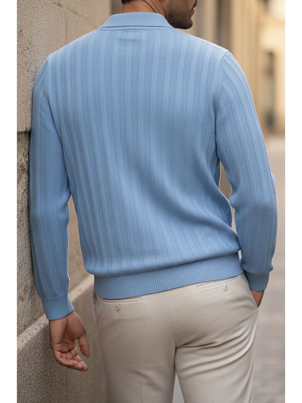 Mavi Polo Yaka Desenli Erkek Triko Kazak-2