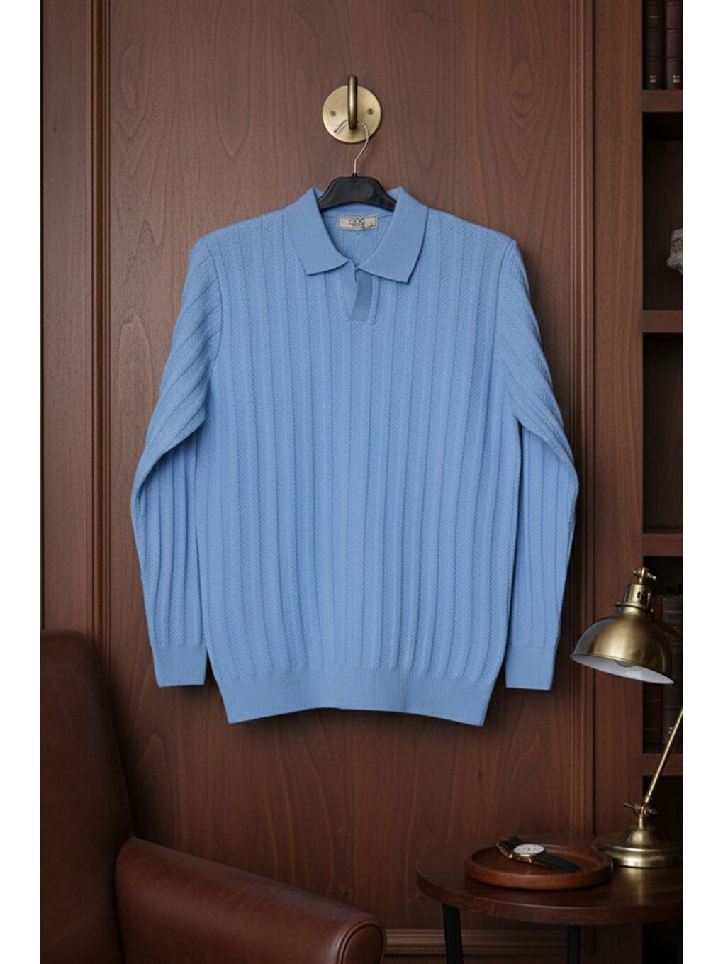 Mavi Polo Yaka Desenli Erkek Triko Kazak-3