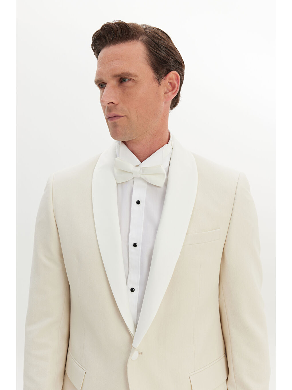 Erkek Ekru Slim Fit Dar Kesim Çıkma Şal Yaka Kapak Cepli Esnek Damatlık Smokin Takımı-3