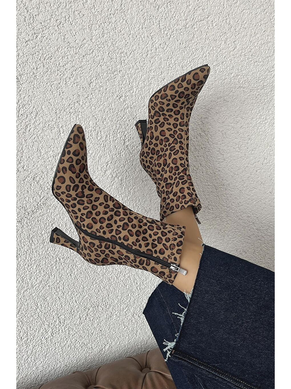 Kahverengi Poppin Kadın Pino Ökçe  Kumaş Bot Leopar-4