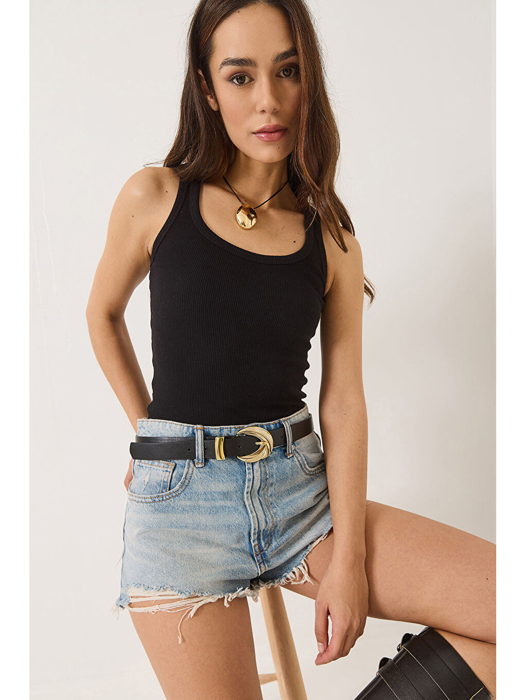 Siyah Kadın Fitilli Görünümlü Kalın Askılı Kaşkorse Basic Atlet