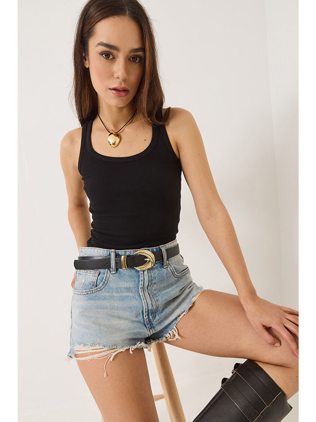 Siyah Kadın Fitilli Görünümlü Kalın Askılı Kaşkorse Basic Atlet-2