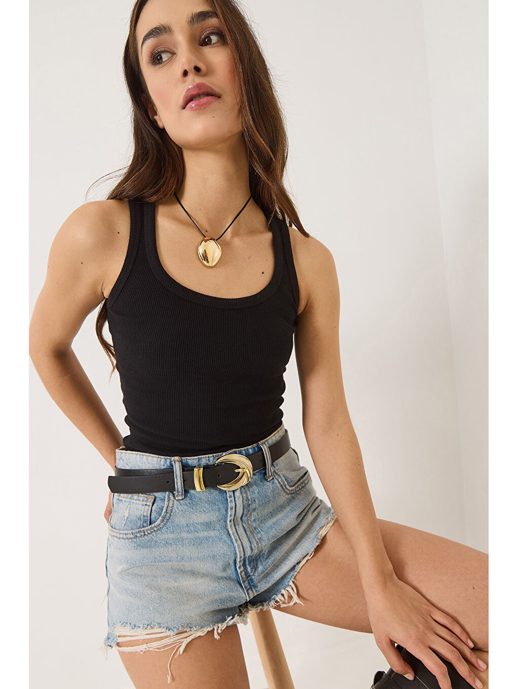 Siyah Kadın Fitilli Görünümlü Kalın Askılı Kaşkorse Basic Atlet-3