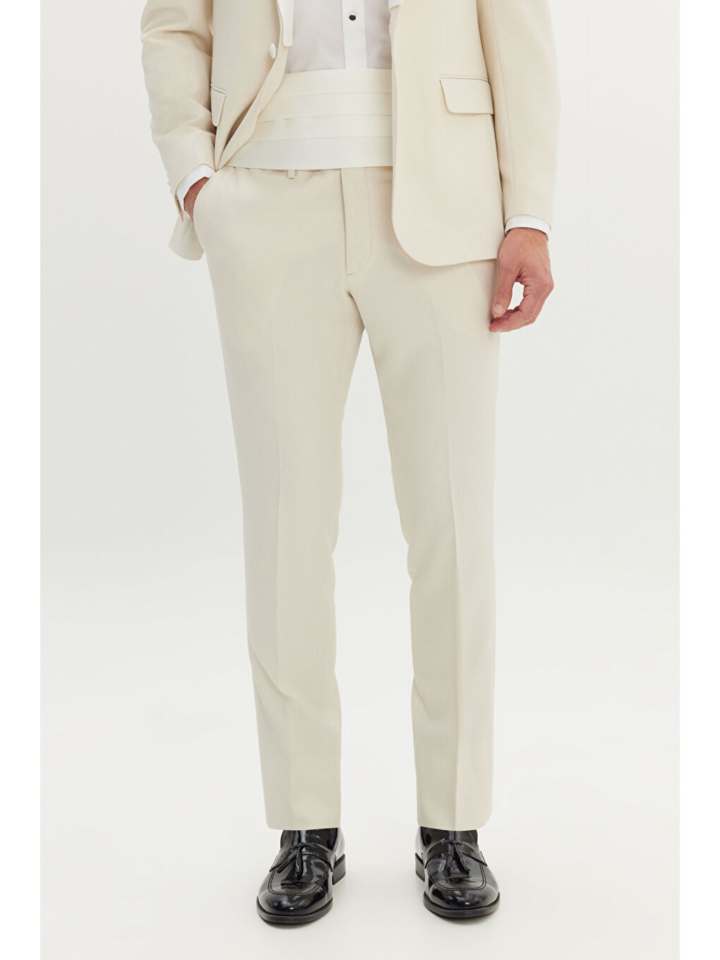 Erkek Ekru Slim Fit Dar Kesim Çıkma Şal Yaka Kapak Cepli Esnek Damatlık Smokin Takımı-4