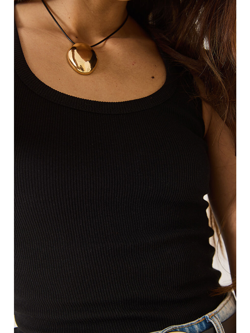 Siyah Kadın Fitilli Görünümlü Kalın Askılı Kaşkorse Basic Atlet-5