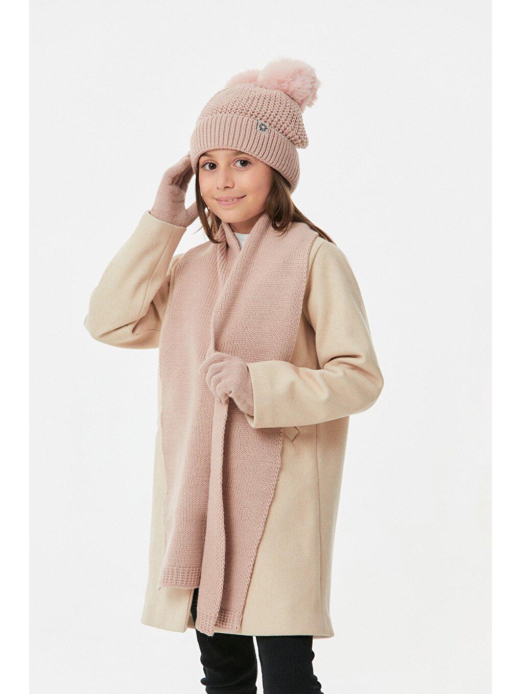 Pembe Basic Kız Çocuk Atkı Bere ve Eldiven Takımı-4