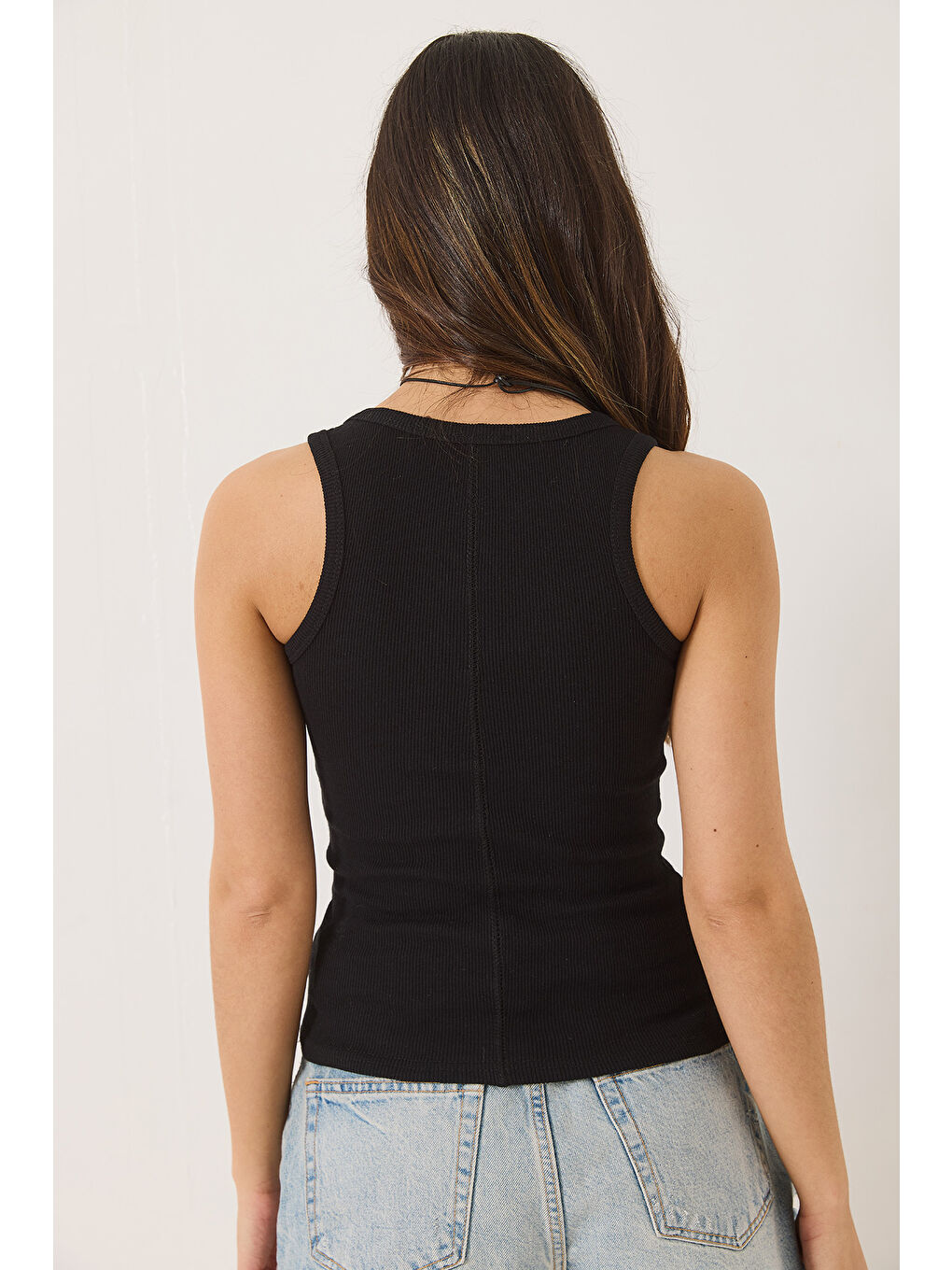 Siyah Kadın Fitilli Görünümlü Kalın Askılı Kaşkorse Basic Atlet-6