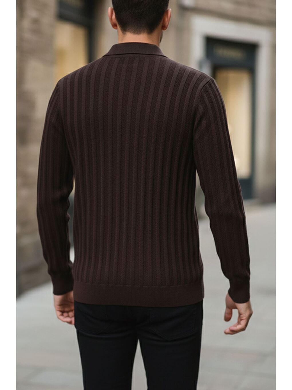 Kahverengi Polo Yaka Desenli Erkek Triko Kazak-1