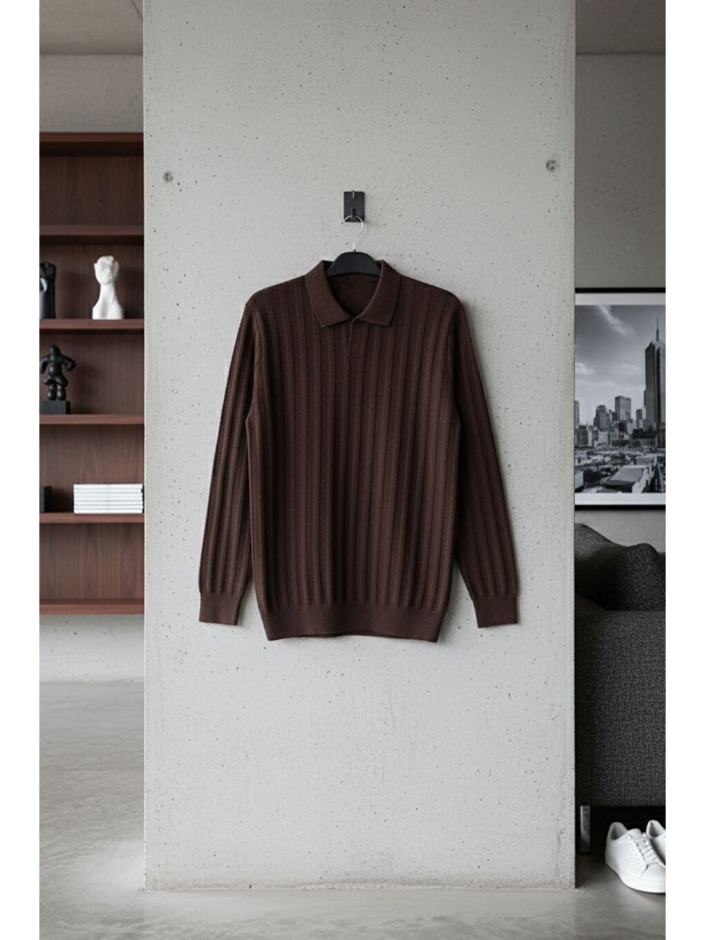 Kahverengi Polo Yaka Desenli Erkek Triko Kazak-2