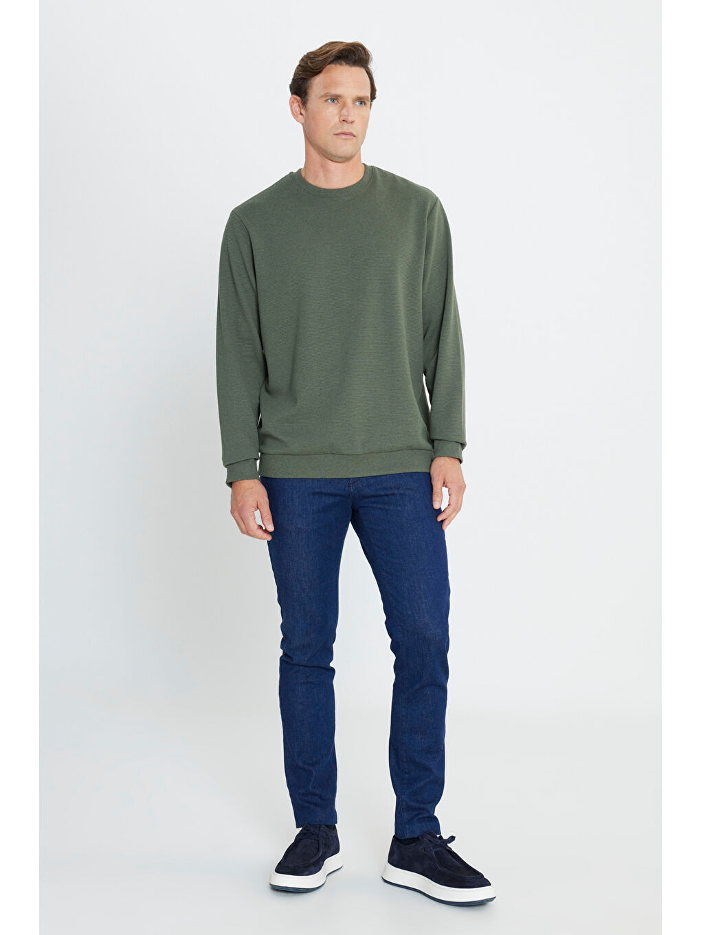 Erkek Haki 2 İplik Sıcak Tutan Standart Fit Normal Kesim Bisiklet Yaka Dokulu Sweatshirt-1