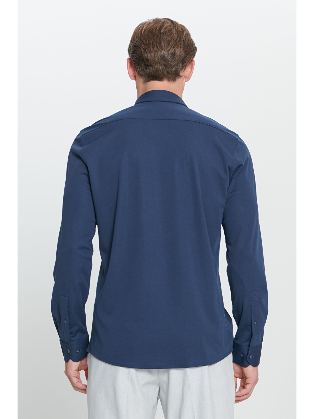 Erkek Lacivert Comfort Fit Geniş Kesim Düğmeli Yaka Pamuklu Gömlek-4