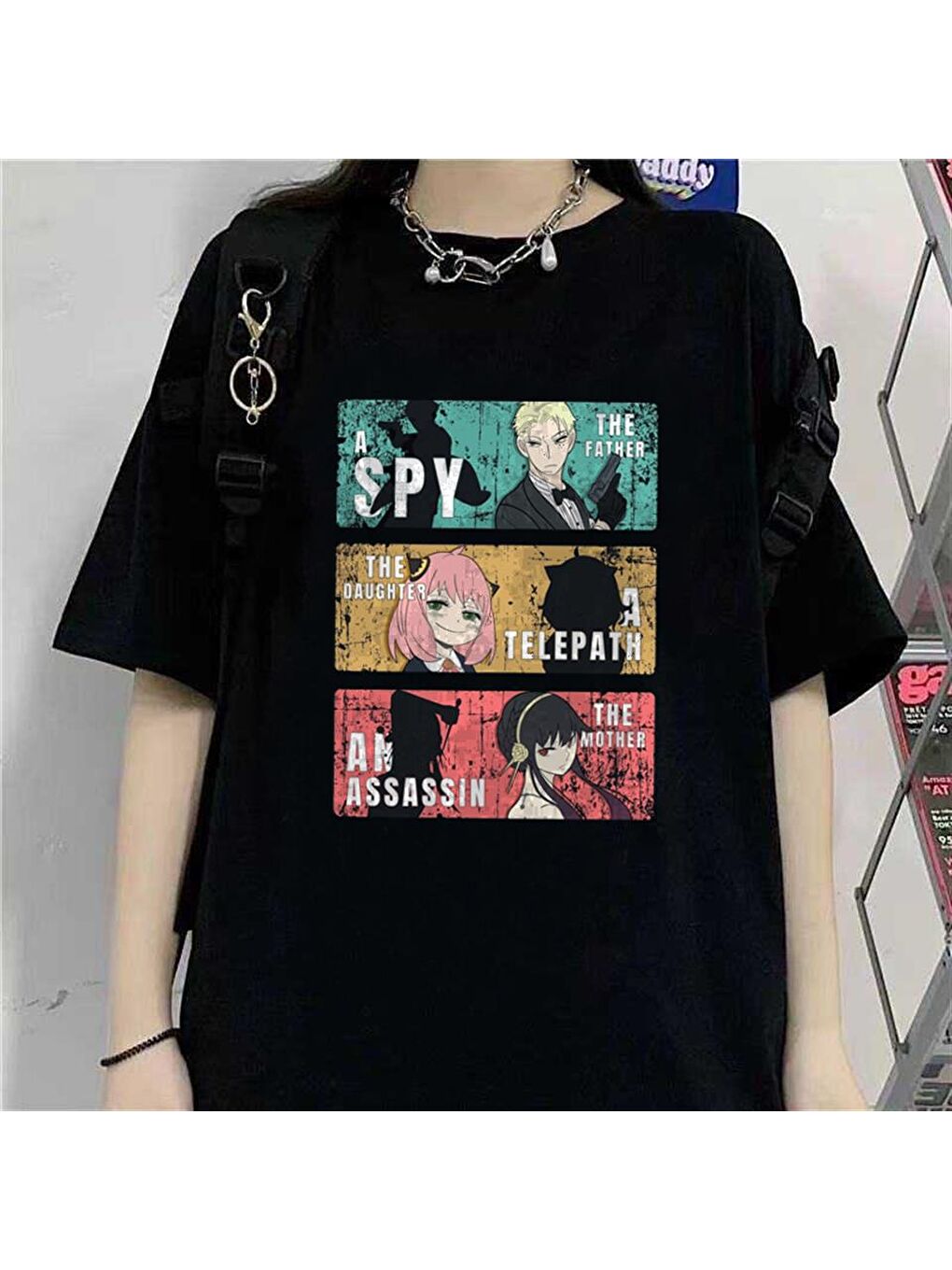 Touz Moda Siyah Triple Anime Kolaj Siyah Unisex Oversize T-shirt