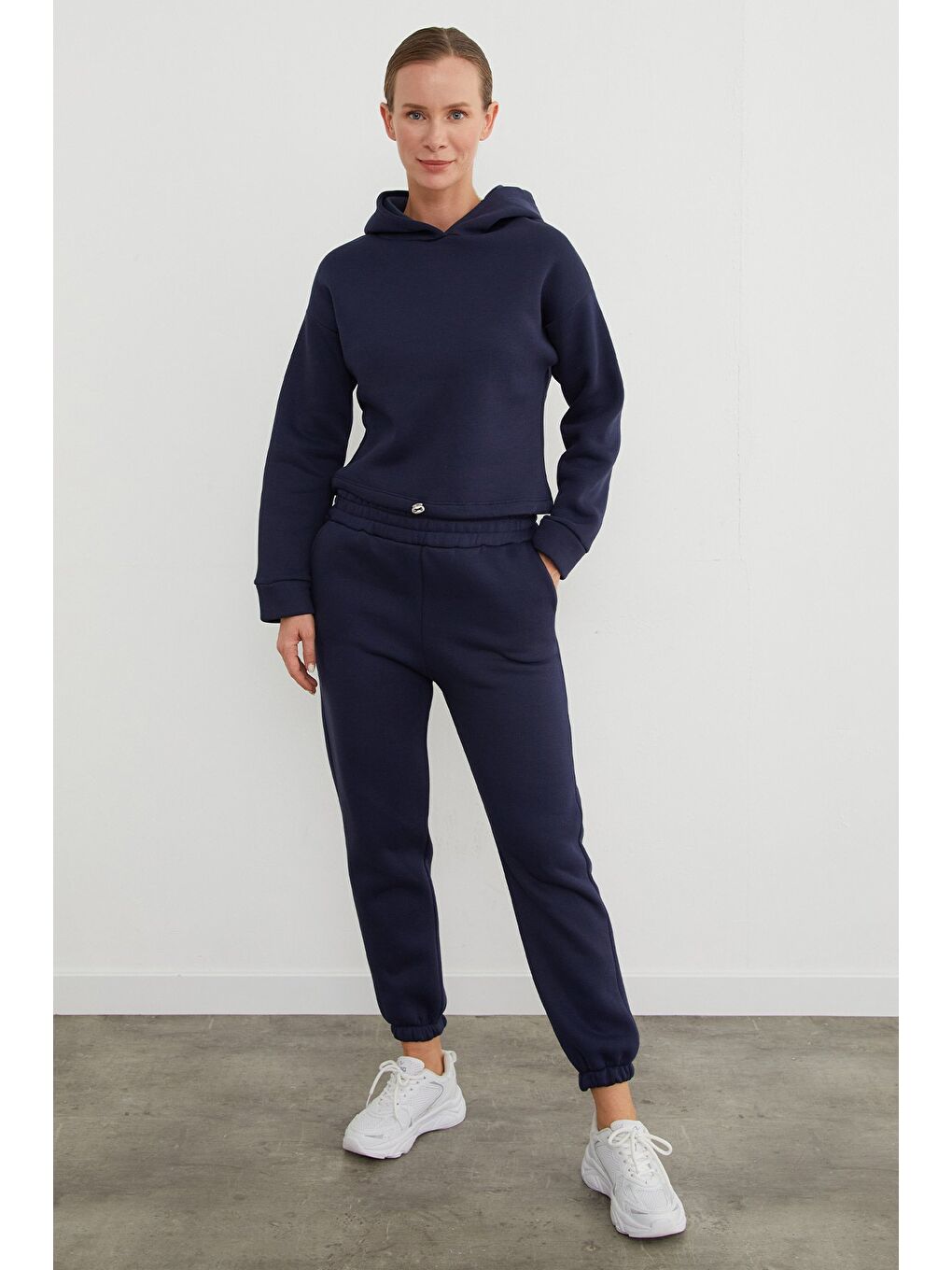 Lacivert 3 İplik Basic Beli Stoperli Kapüşonlu Jogger Takım-1