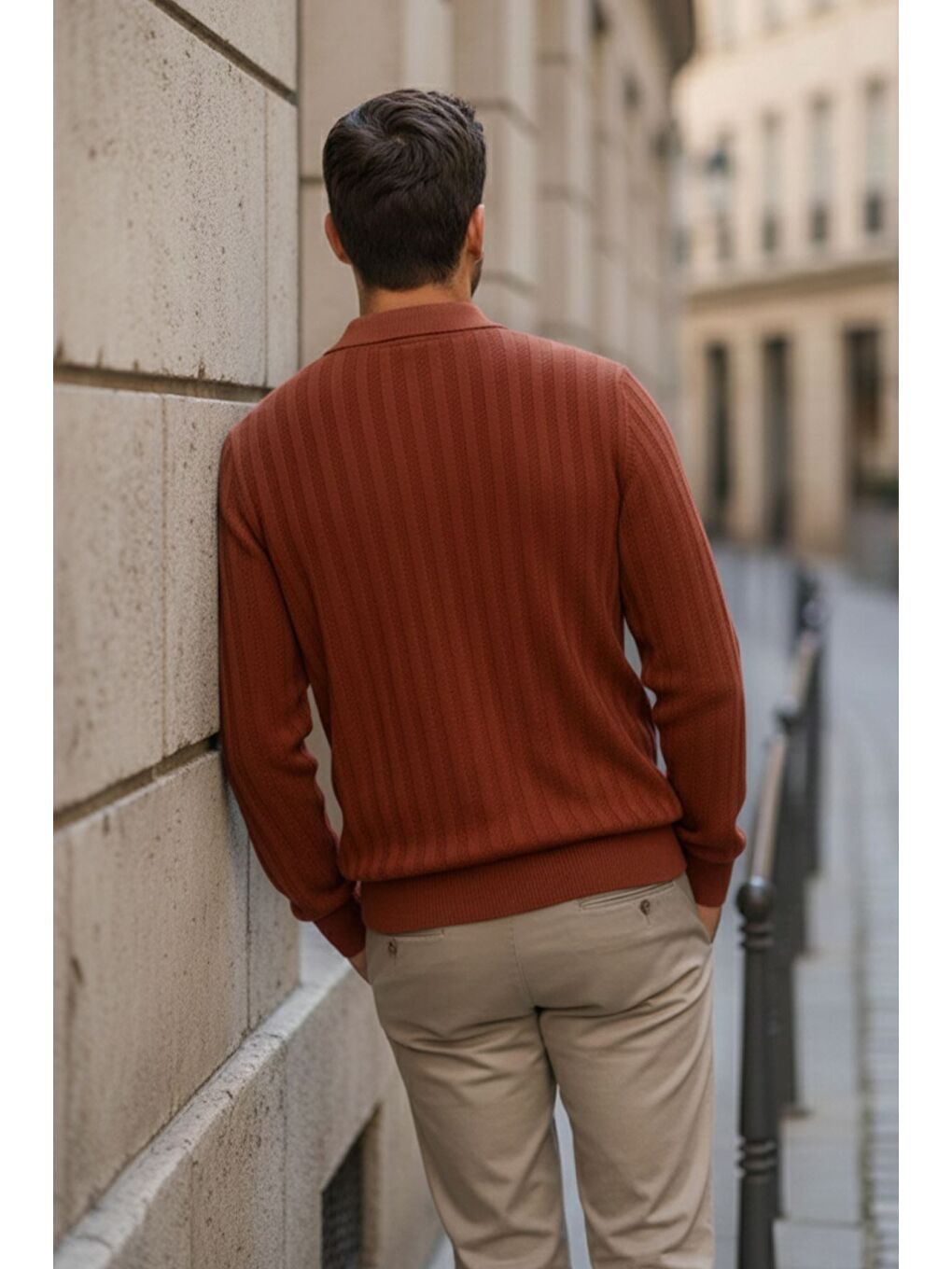 Kahverengi Polo Yaka Desenli Erkek Triko Kazak-1