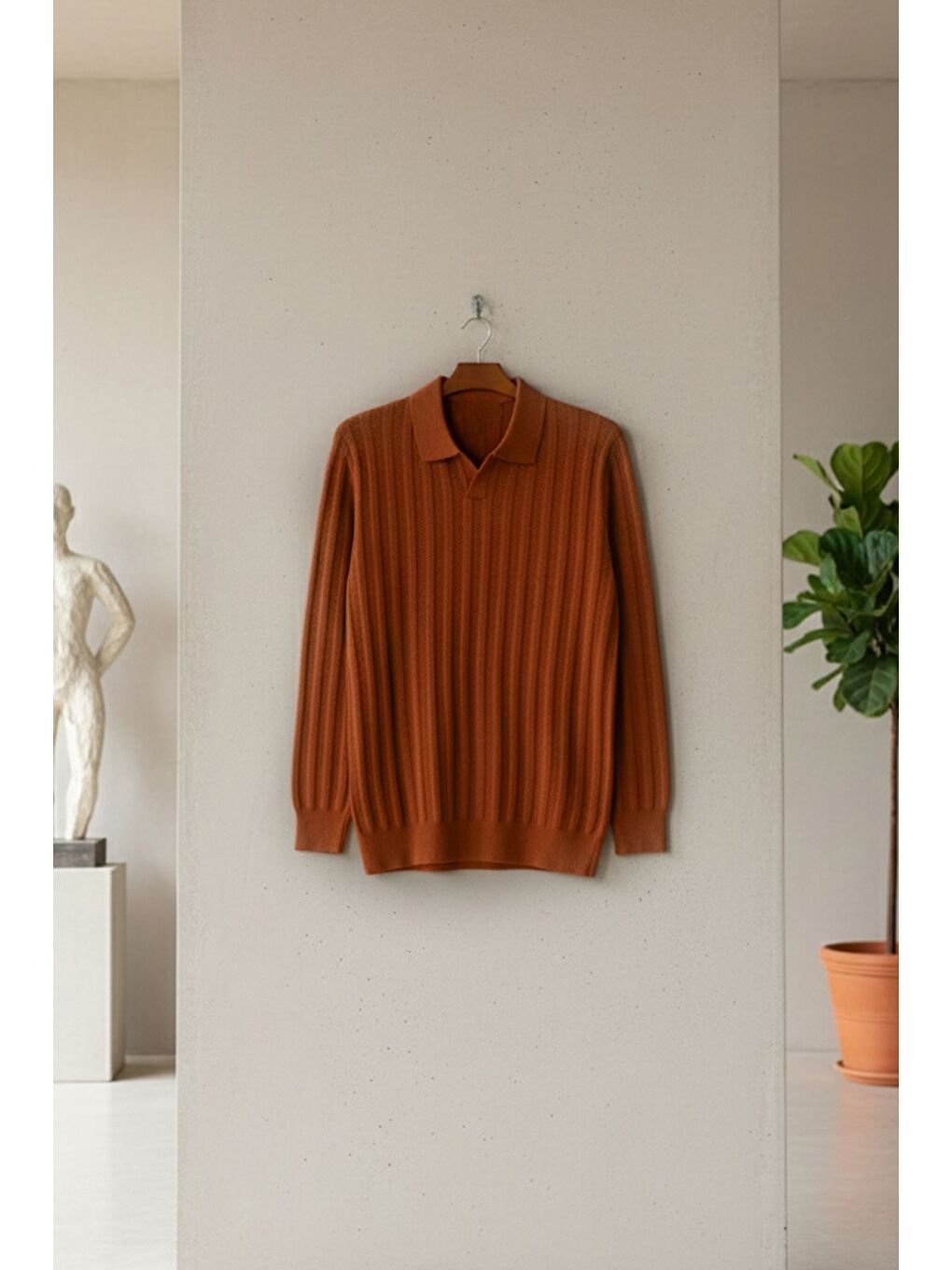 Kahverengi Polo Yaka Desenli Erkek Triko Kazak-2