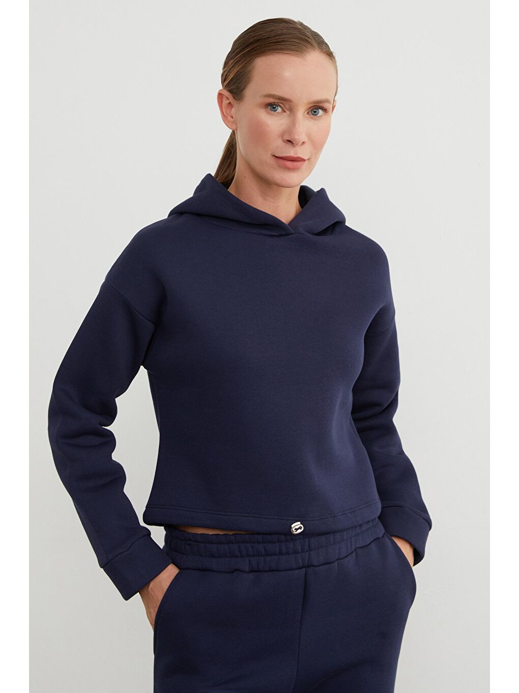 Lacivert 3 İplik Basic Beli Stoperli Kapüşonlu Jogger Takım-2