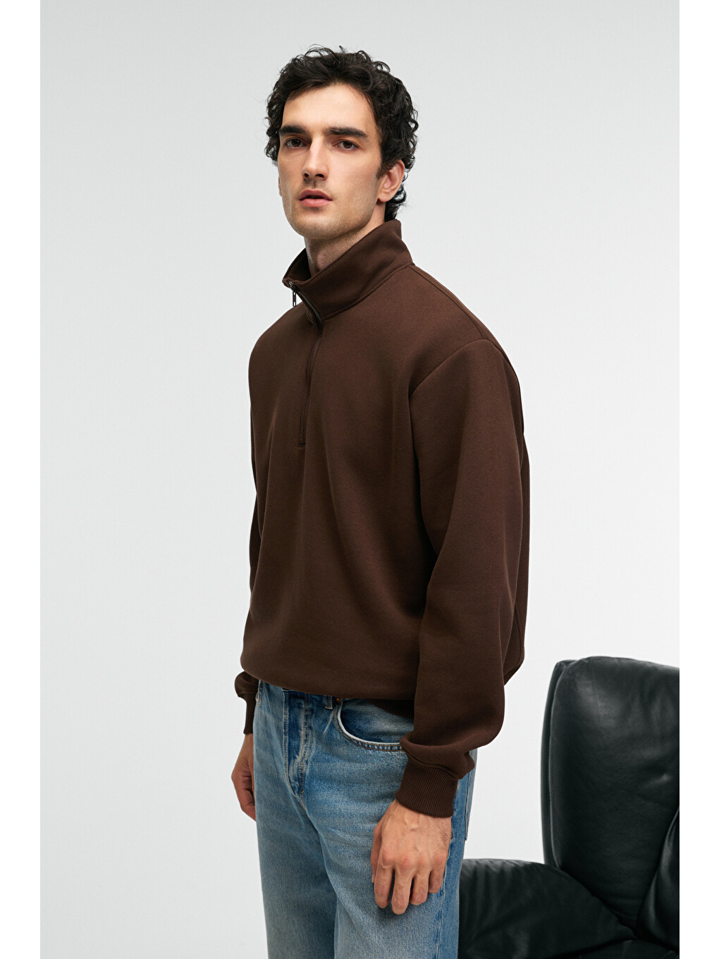 Kahverengi BAXTER Erkek Dik Yakalı Fermuarlı Relaxed KAHVERENGİ Sweatshirt-4