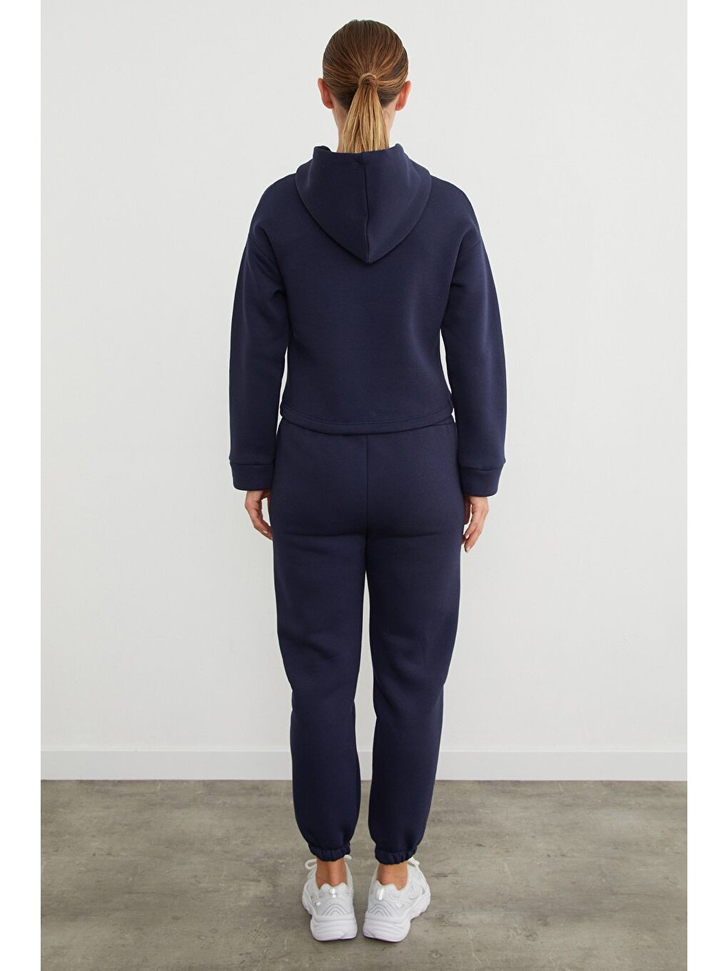 Lacivert 3 İplik Basic Beli Stoperli Kapüşonlu Jogger Takım-3