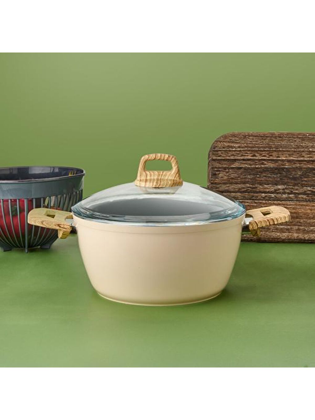 Seramik Derin Tencere - Beyaz / Kahverengi - 24 cm