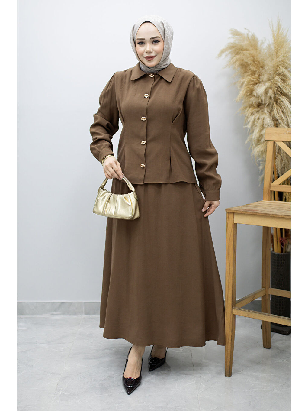 Düğmeli Pens Detaylı Etekli Takım TSD260188 Kahverengi