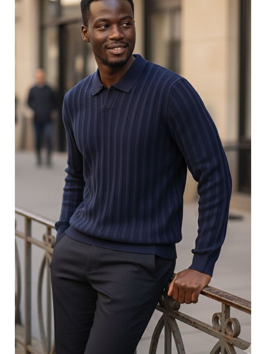 Lacivert Polo Yaka Desenli Erkek Triko Kazak-1