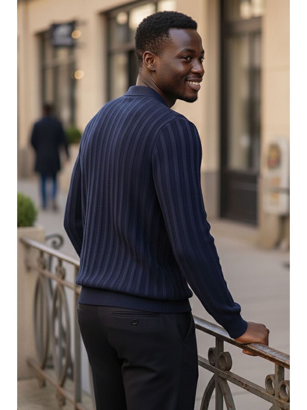 Lacivert Polo Yaka Desenli Erkek Triko Kazak-2