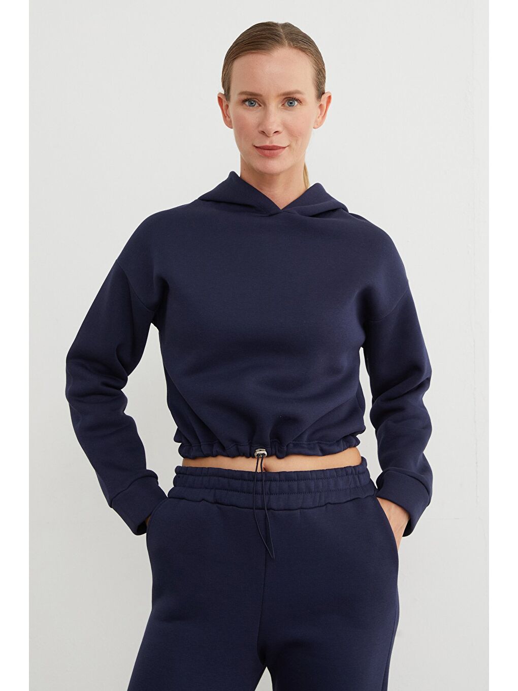 Lacivert 3 İplik Basic Beli Stoperli Kapüşonlu Jogger Takım-4