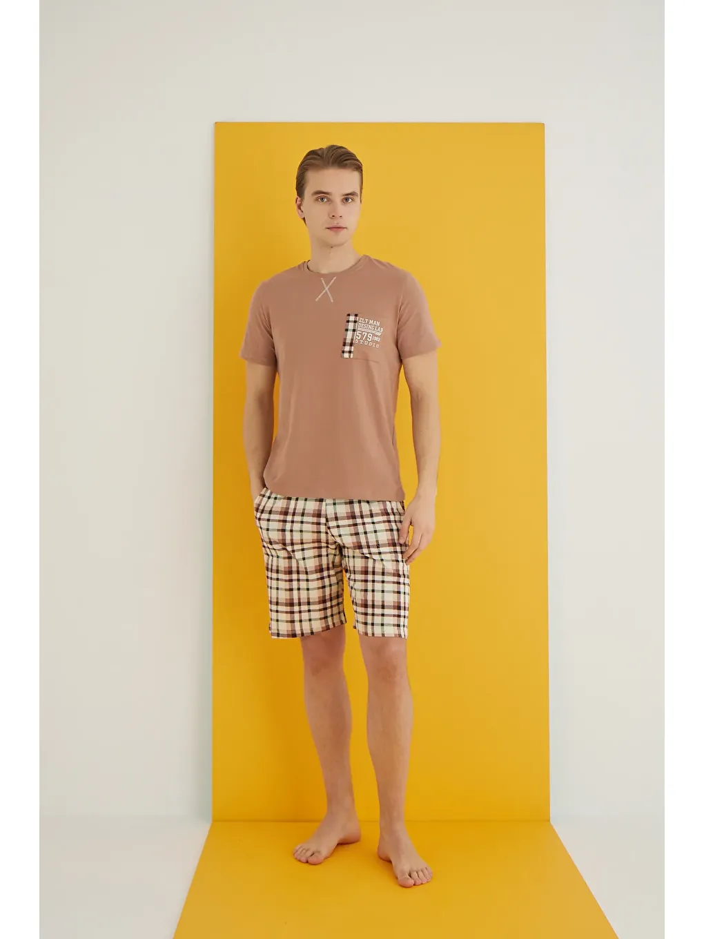 Kahverengi Penye Erkek Şort Takım 7502-6-1