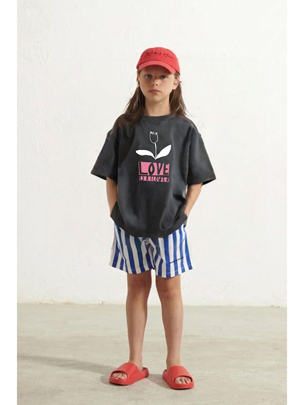 Antrasit Kız Çocuk Bisiklet Yaka Çiçek Baskılı Tshirt