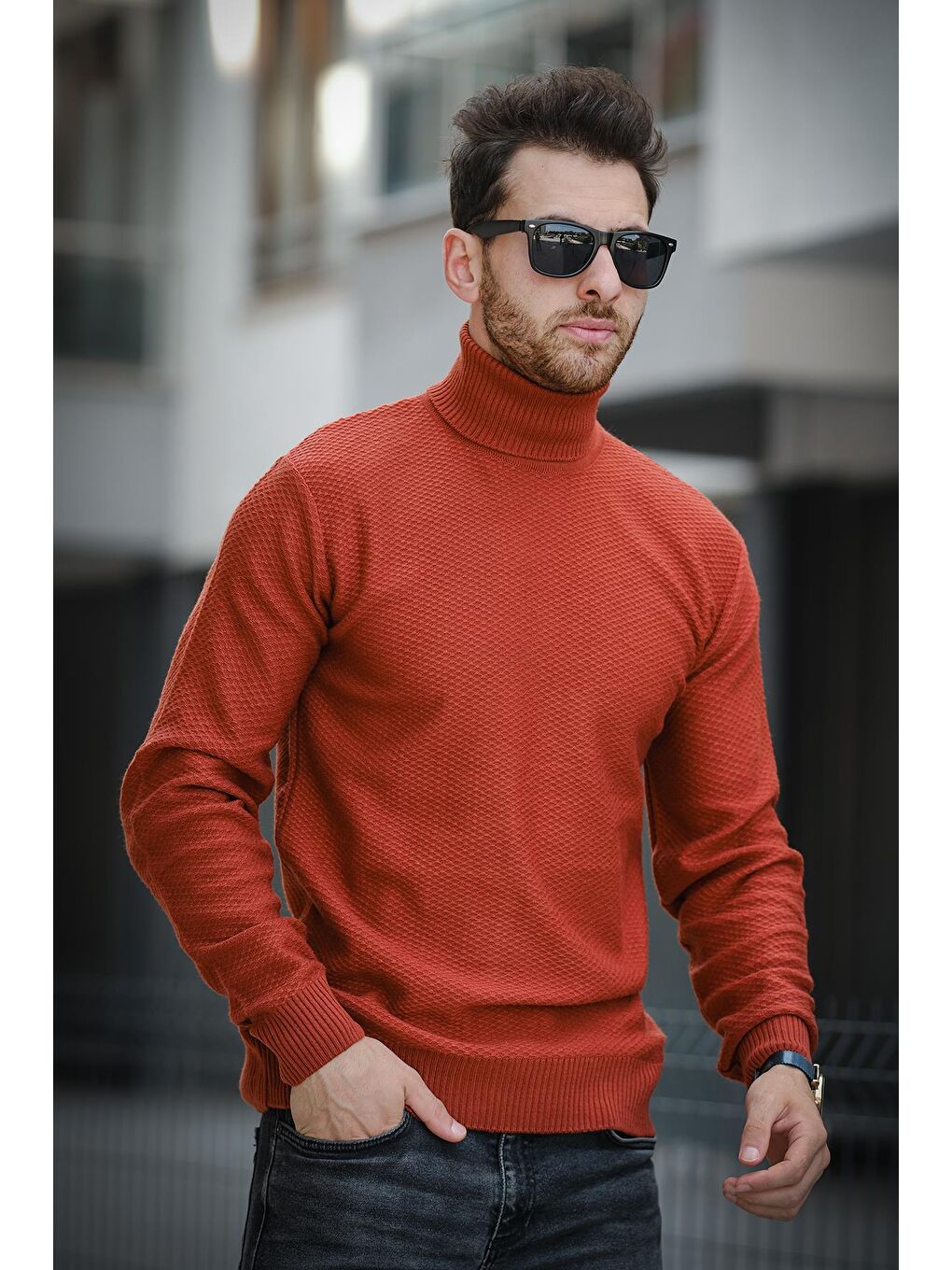 Oksit Turuncu Seka 500 Slim Fit Petek Örgü Erkek Tam Balıkçı Kazak