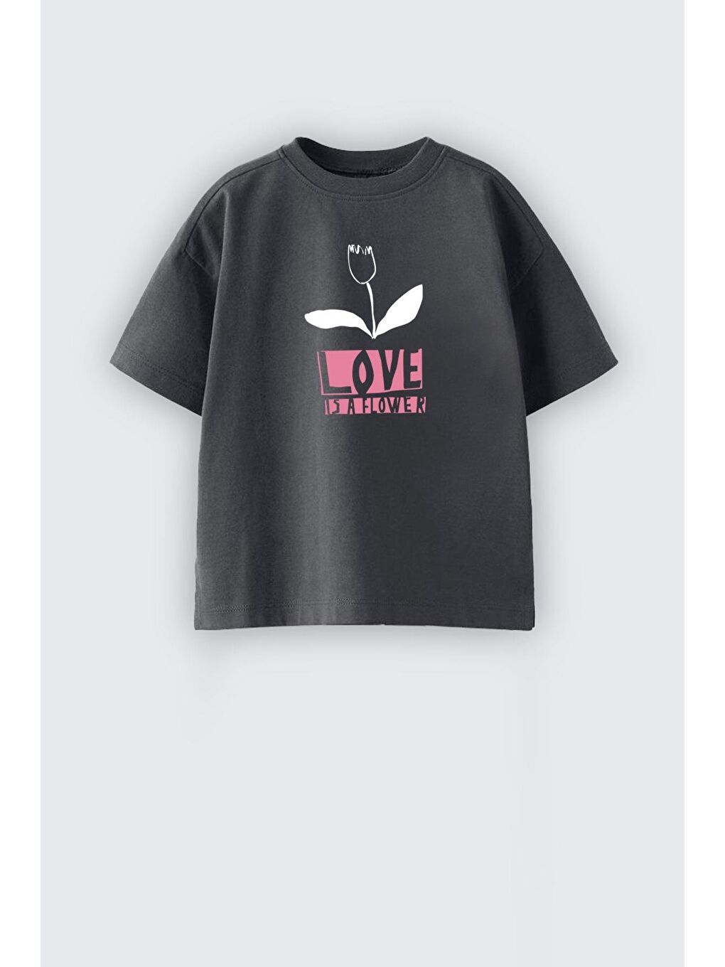 Antrasit Kız Çocuk Bisiklet Yaka Çiçek Baskılı Tshirt-1