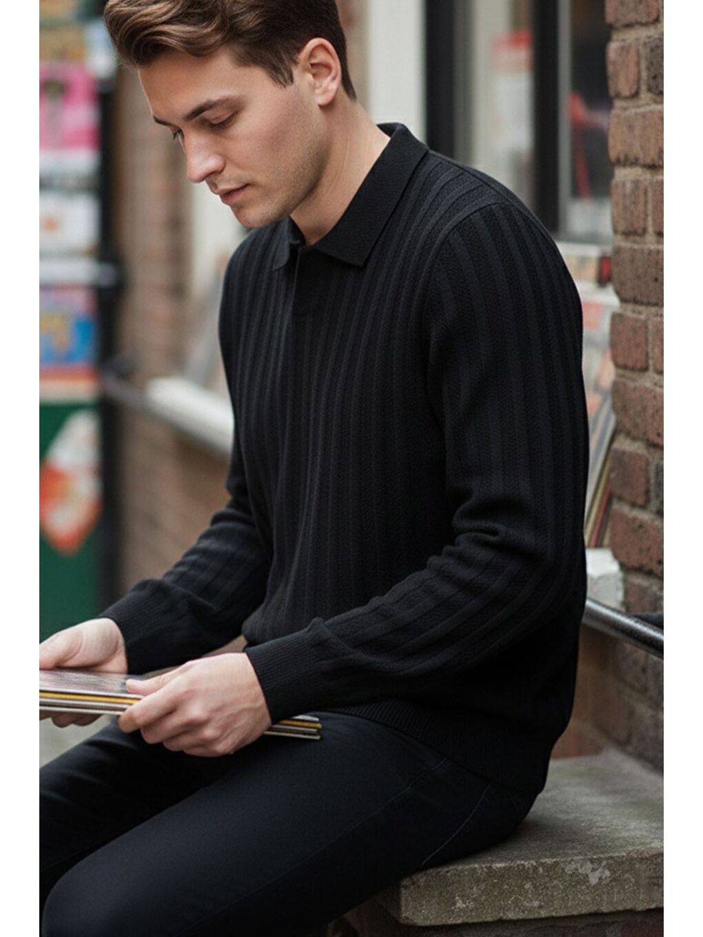 Siyah Polo Yaka Desenli Erkek Triko Kazak-1