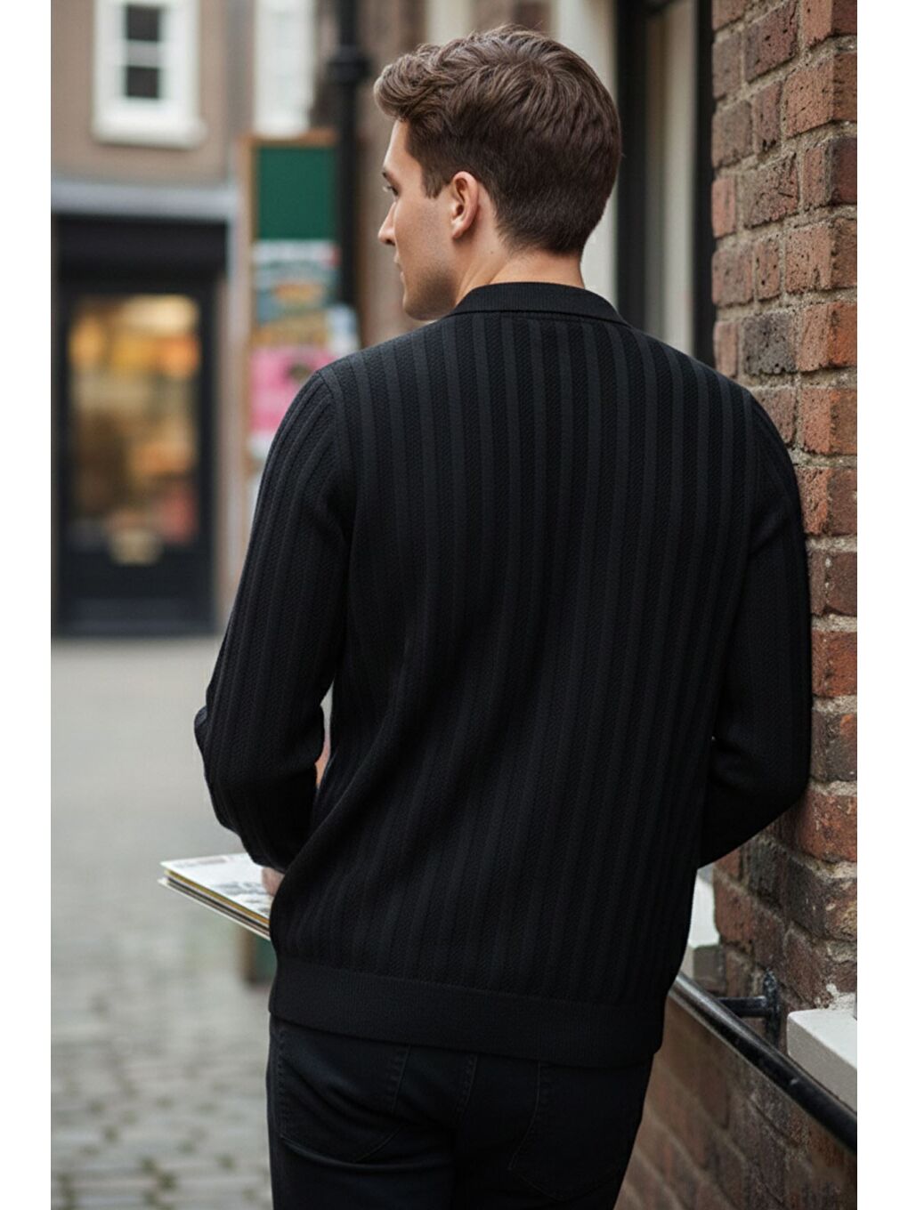 Siyah Polo Yaka Desenli Erkek Triko Kazak-2